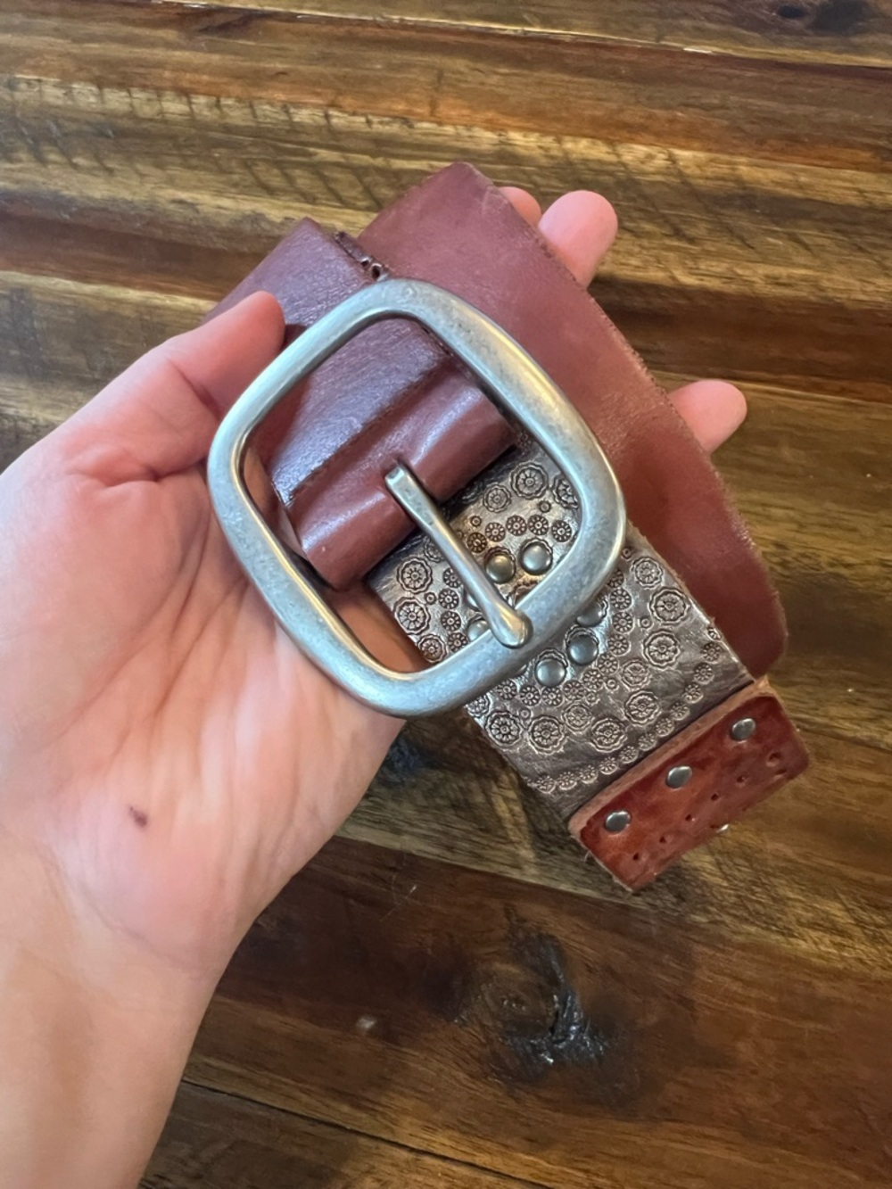 Patch designed Leather belt with a solid brass buckle